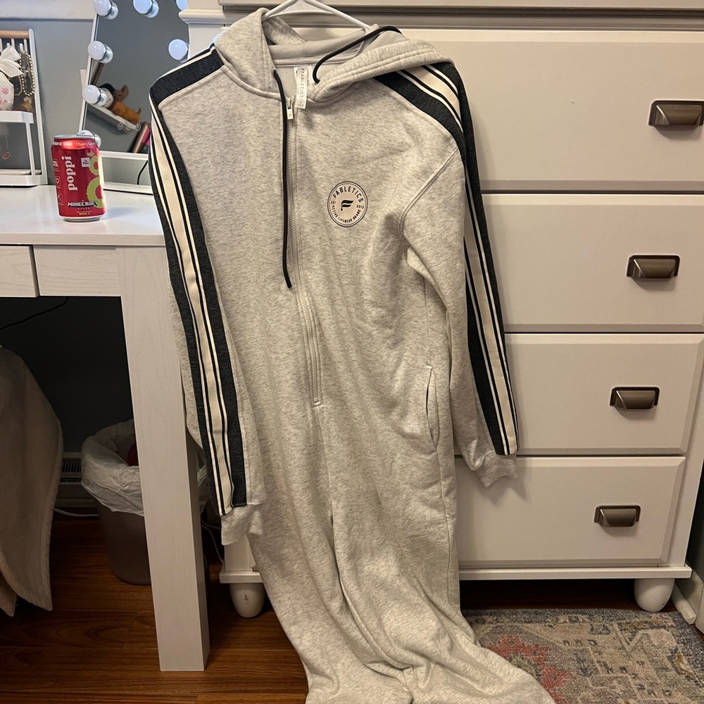 Fabletics Light Gray Hooded Jumpsuit with Black Stripes